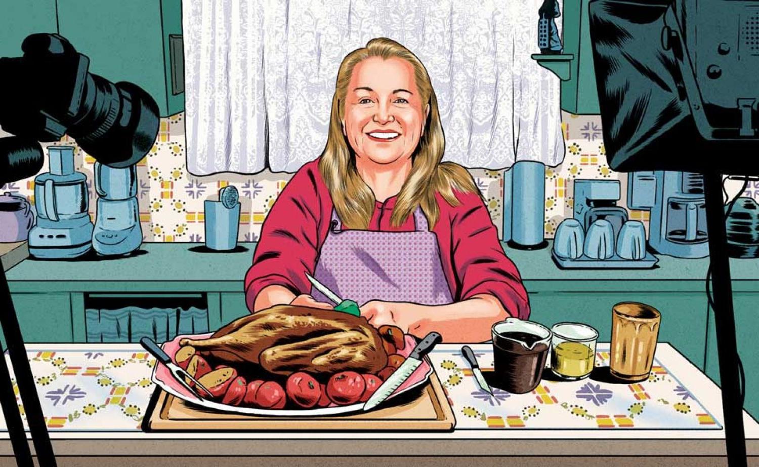 玛丽·施雷德的插图，旁边是视频设备，她在家里的厨房里准备一顿饭.